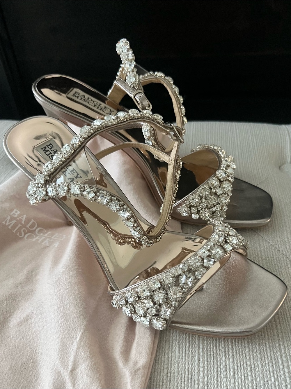 Badgley Mischka Rose Gold Crystal-Strap Heeled Sandals